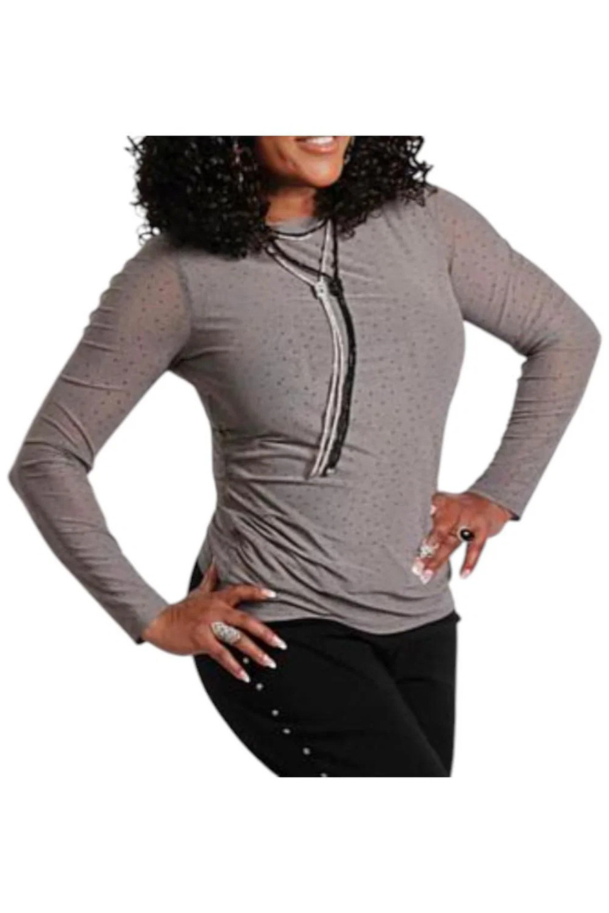 Vivica A. Fox Collection Women's Rhinestone Mesh Knit Shirt Steel Gray - Regular
